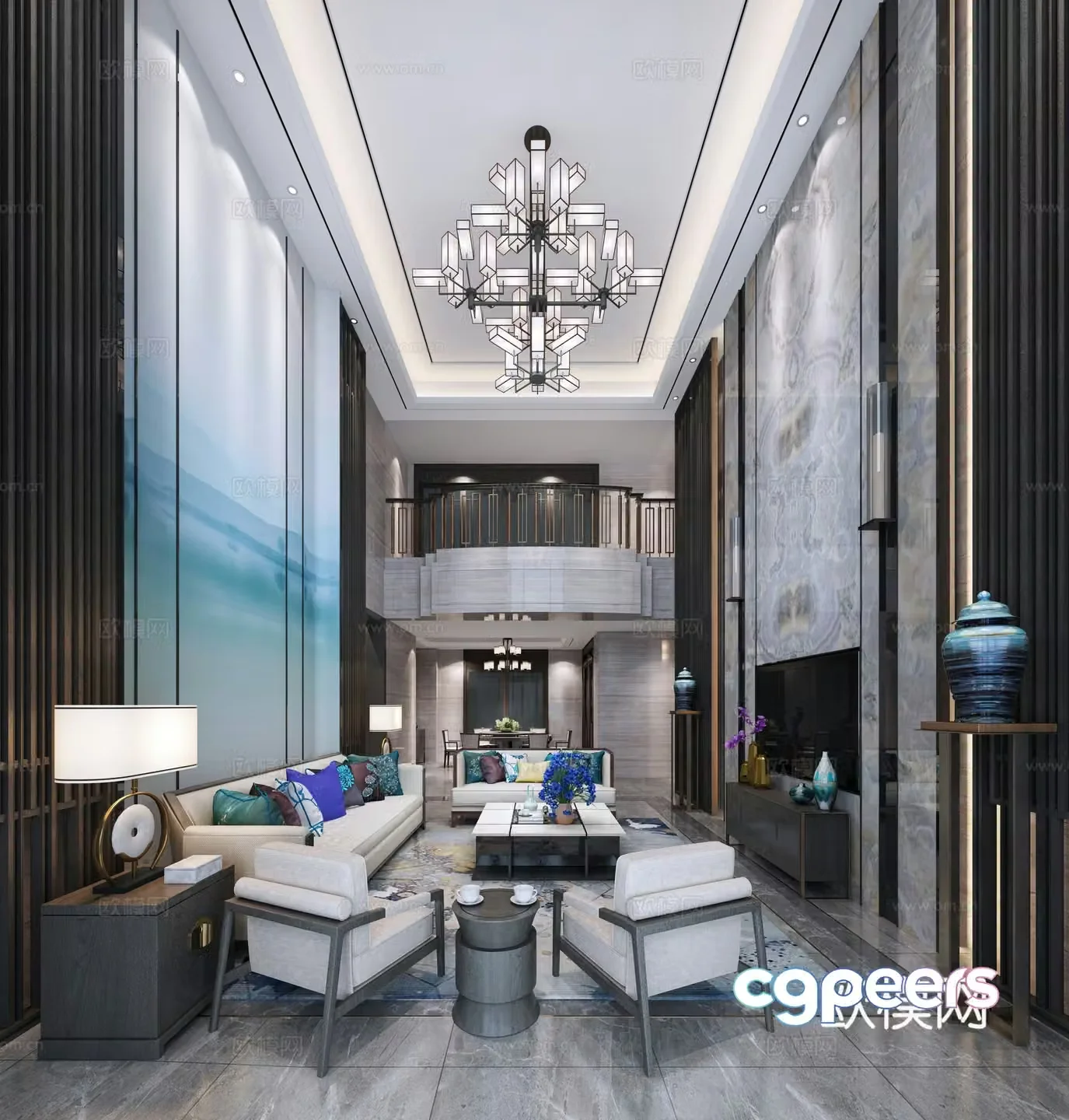 New Chinese style villa living room sofa coffee table chandelier 3D model of hanging paintings