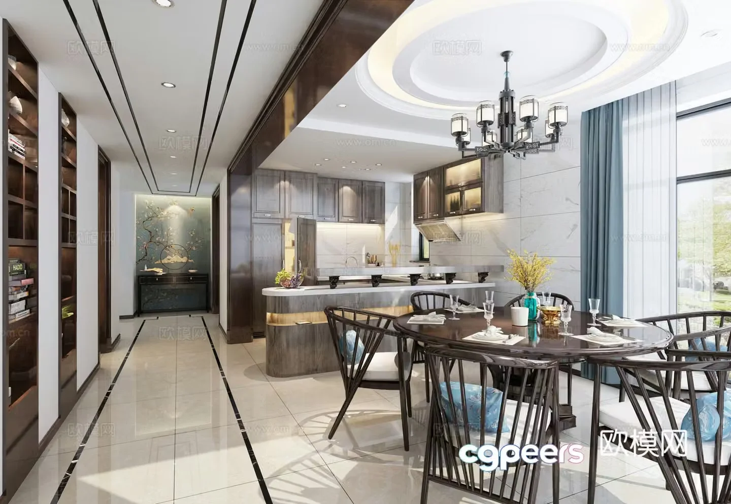 New Chinese style high-end villa living and dining room sofa and coffee table dining table and chairs living room chandeliers 3D model