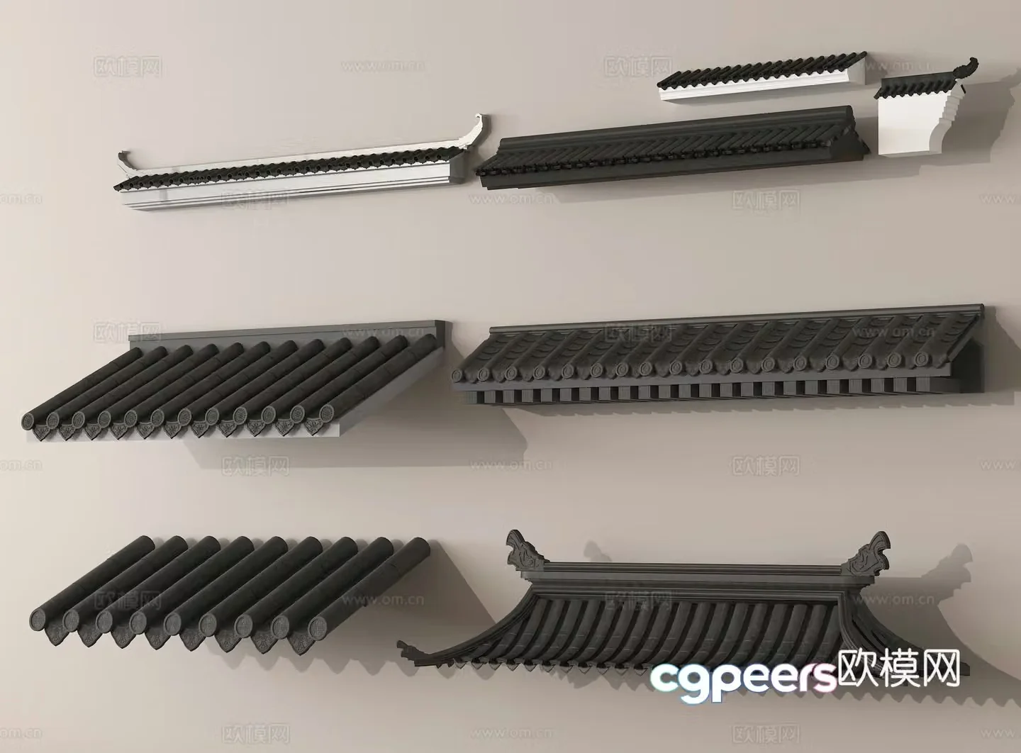 Chinese eaves roof tiles roof ridge 3d model
