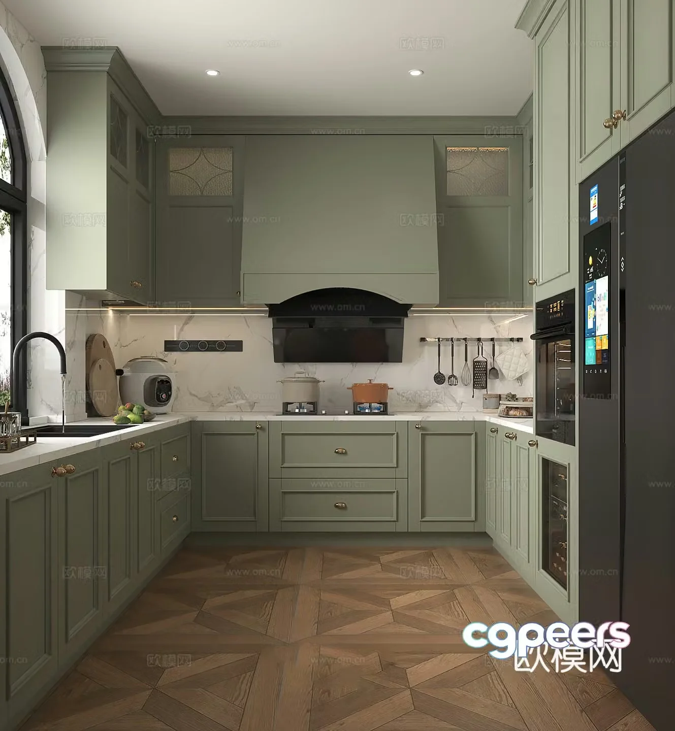 French American kitchen French green cabinet door kitchen American hood hood oven refrigerator range hood 3D model