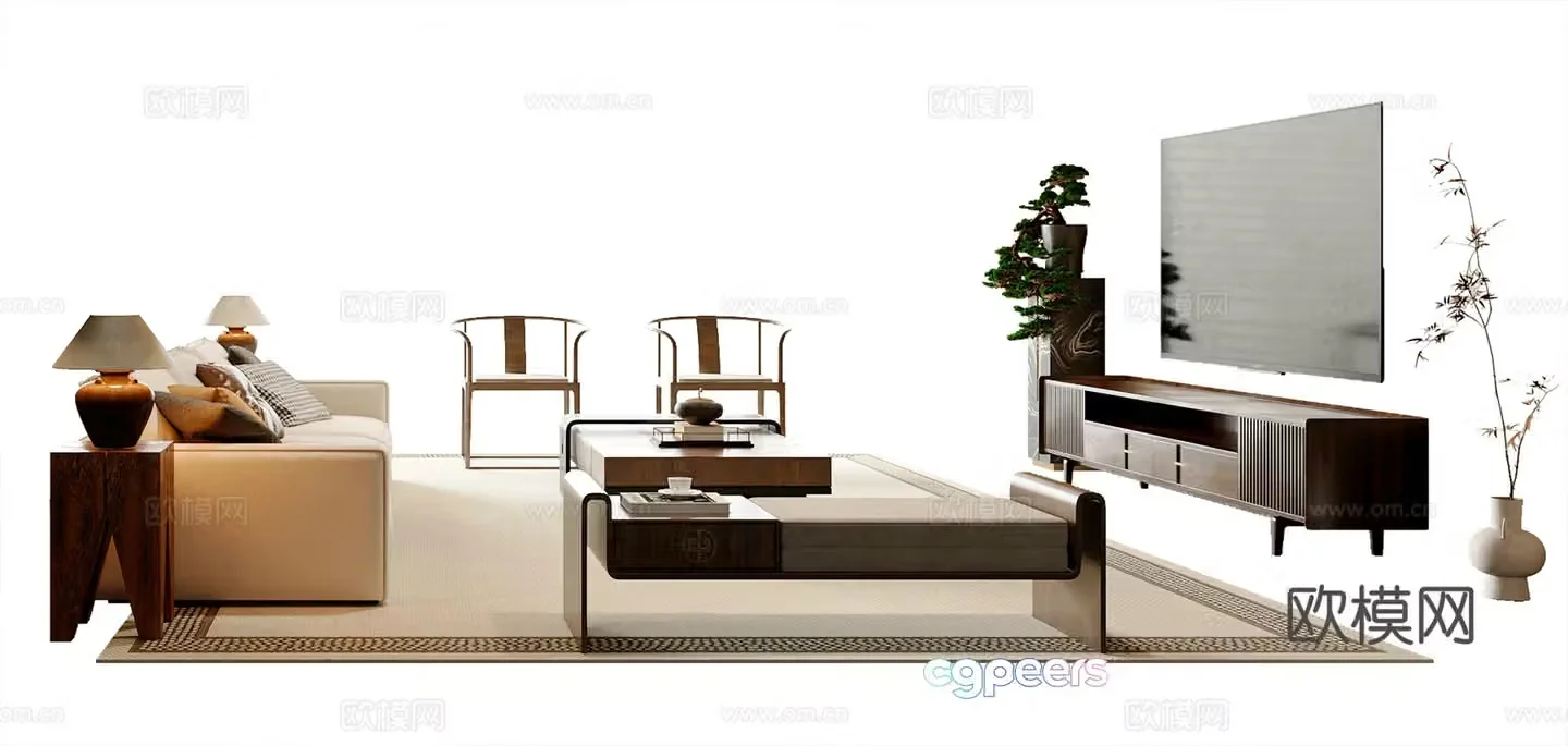 New Chinese sofa coffee table combination leisure chair sofa stool TV cabinet potted plant three-person sofa 3D model