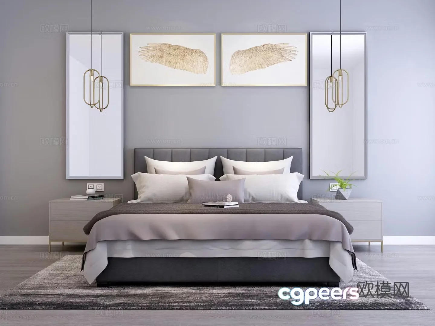 New Chinese style big bed Decorative painting Chandelier Decorative items Bedside table chest of drawers Wall decoration 3D model
