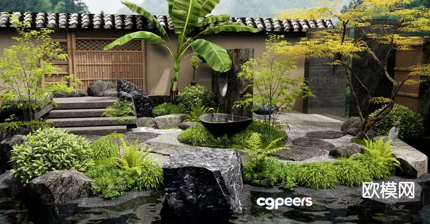 Dry landscape landscape garden road paving flowing water bowl 3D model