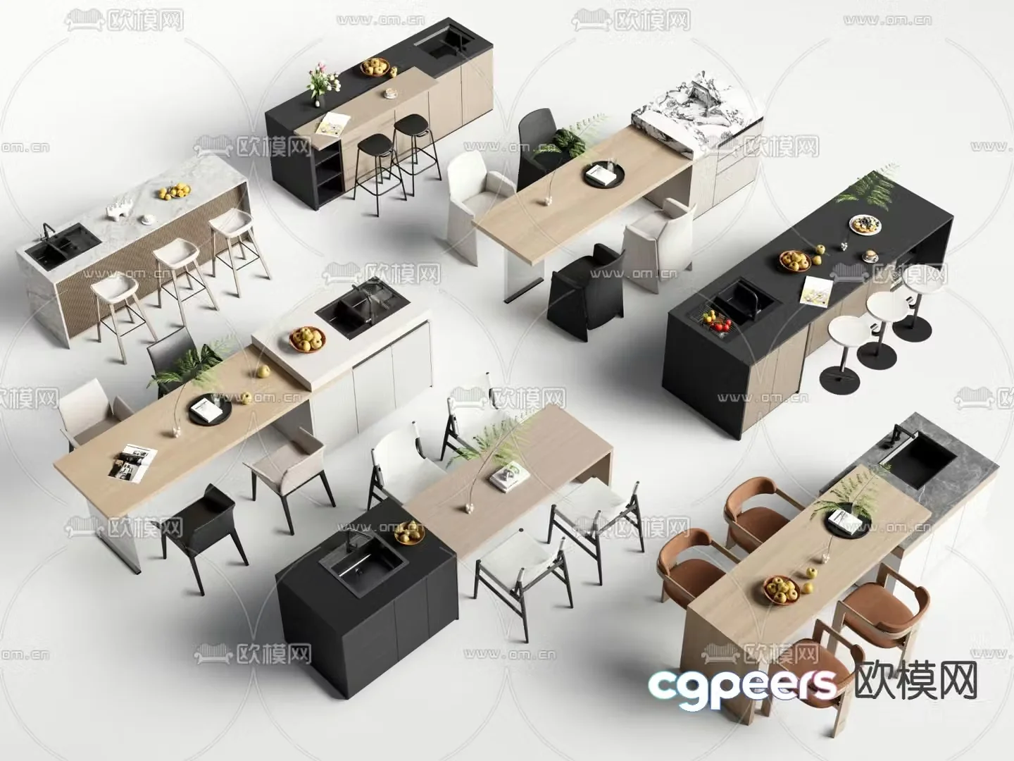 Modern island dining table and chairs 3d model