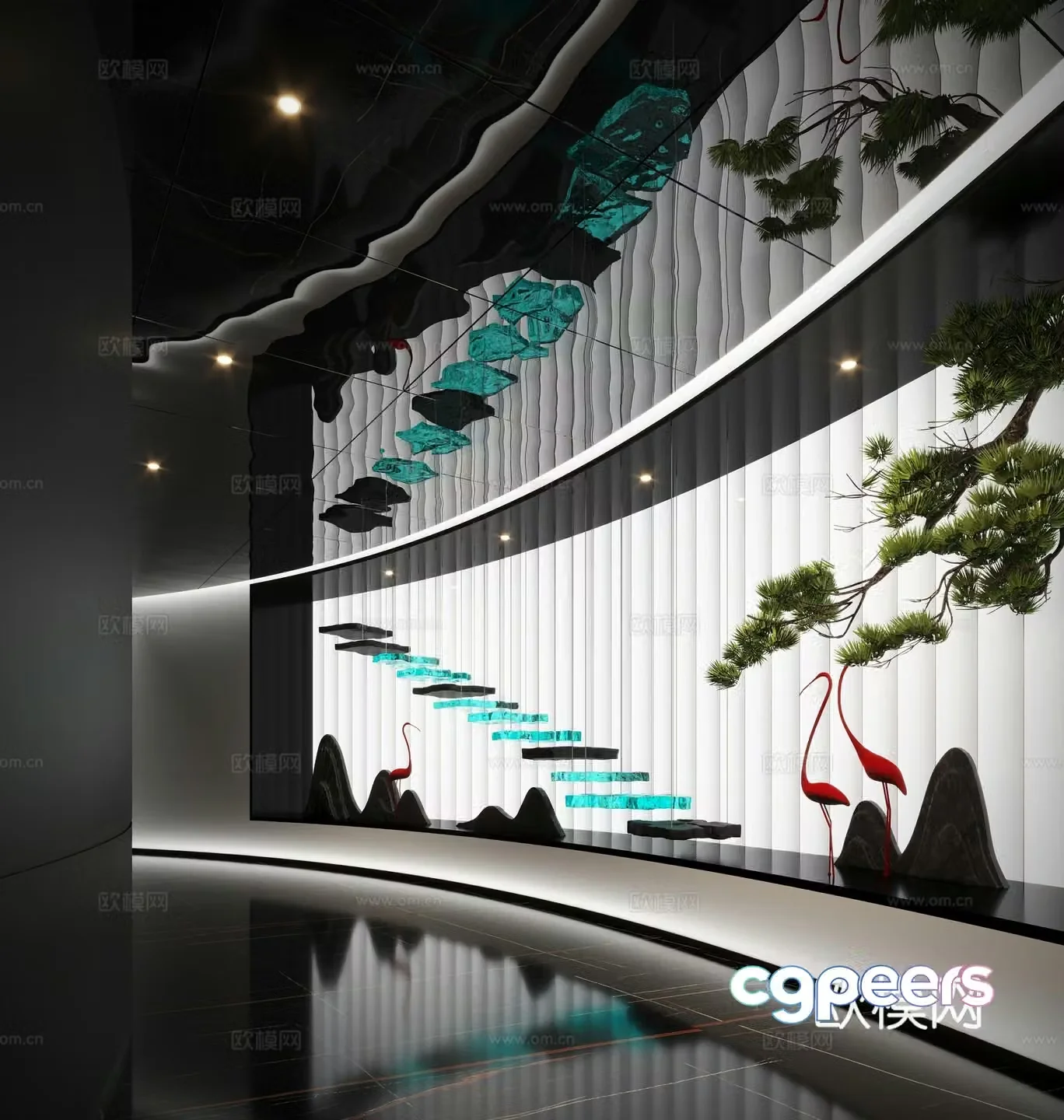 New Chinese Zen Art Installation Upside down Pine Tree Indoor Landscape Landscape Stone 3D Model