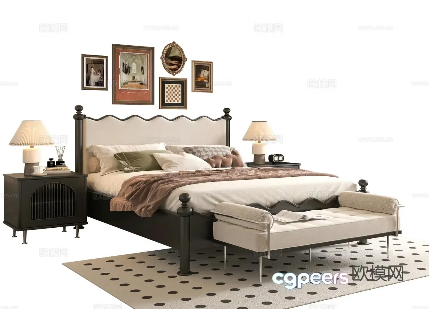 French double bed 3d model