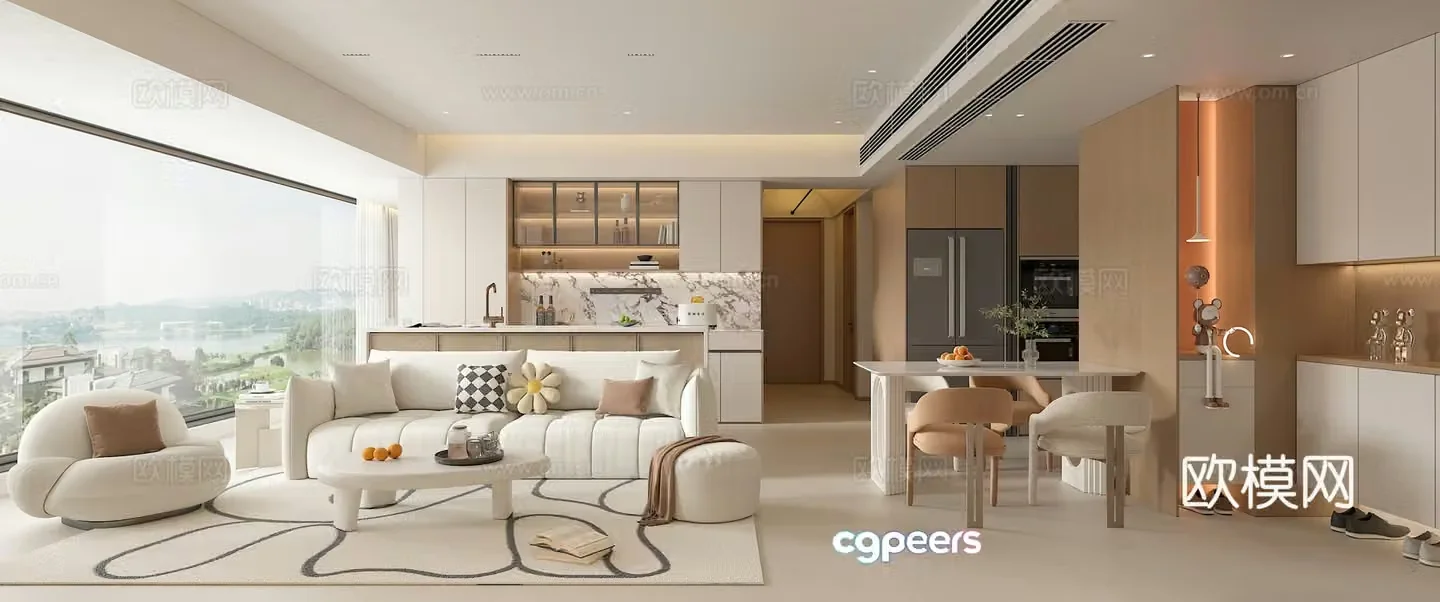 Modern creamy dining room sofa and coffee table combination dining table and chair combination bar kitchen cabinet 3D model