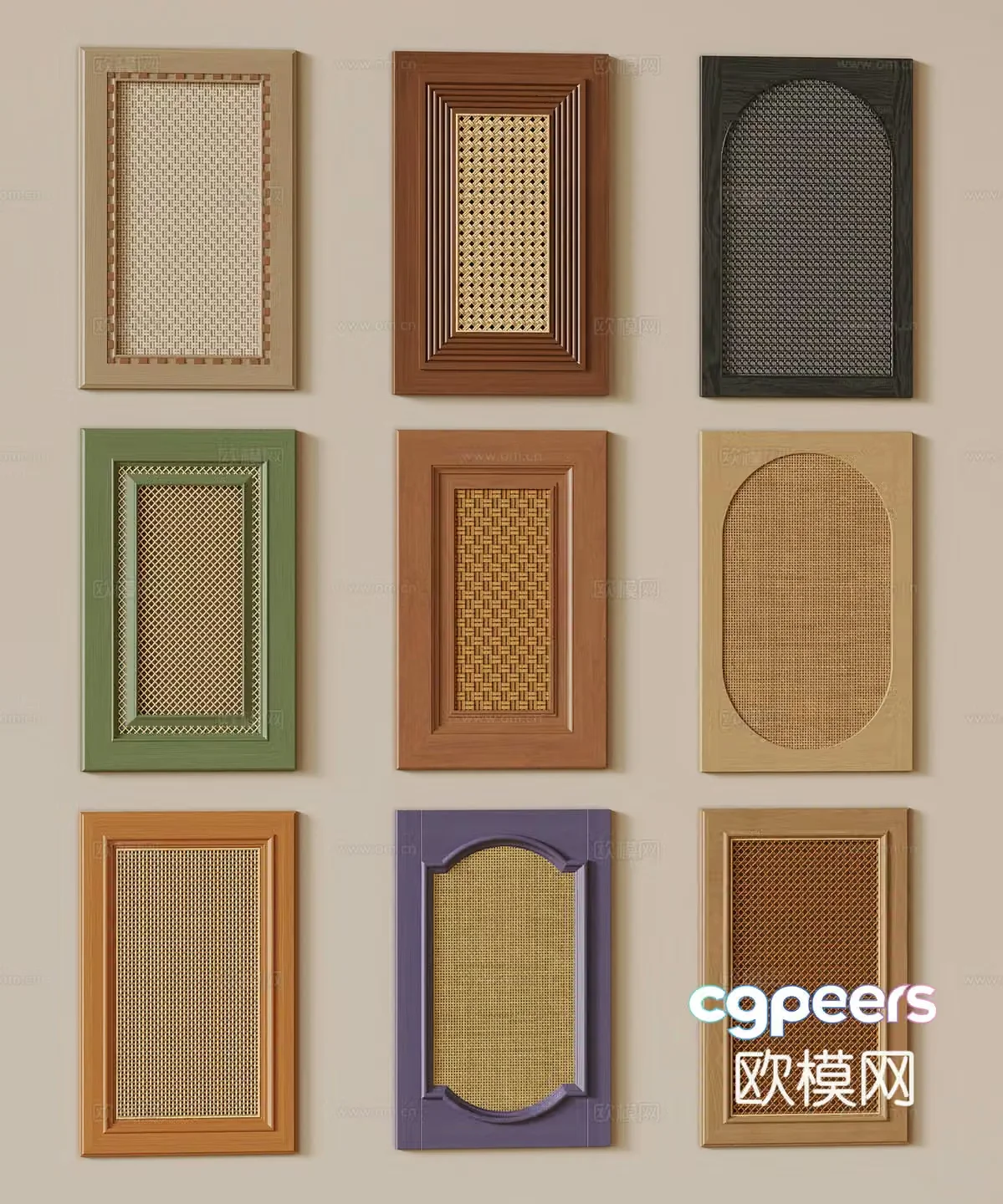 Medium-old rattan door panel French retro door panel cabinet door 3D model