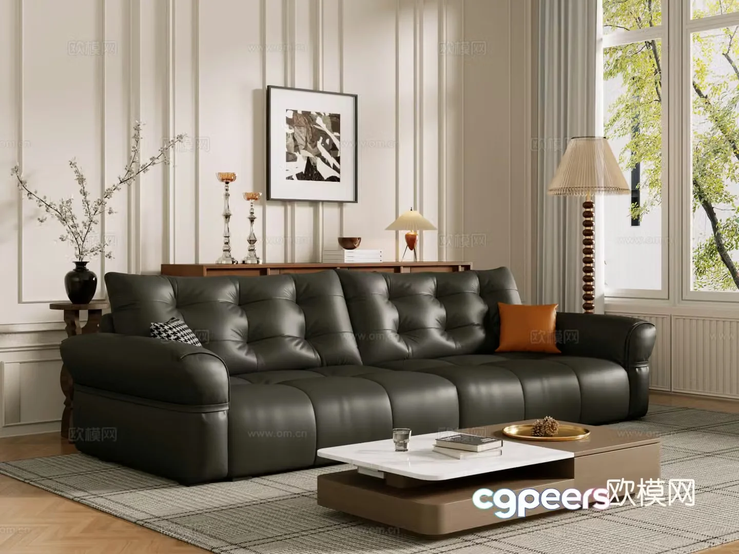 Middle-aged sofa combination coffee table carpet multi-person sofa 3D model