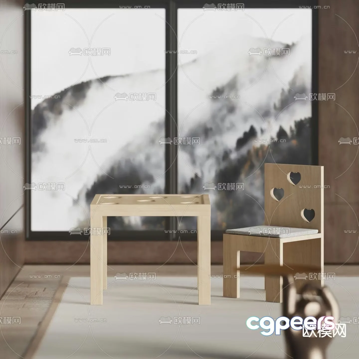 Modern solid wood children’s table and chair 3d model