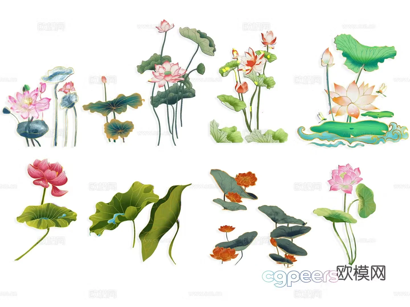 National tide carving plant silhouette lotus lotus leaves flowers national style carp fish 3d model