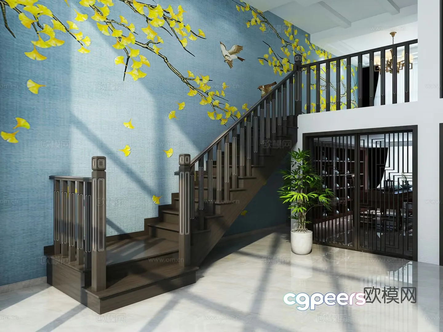 New Chinese-style solid wood staircase Chinese-style stair railing 3D model