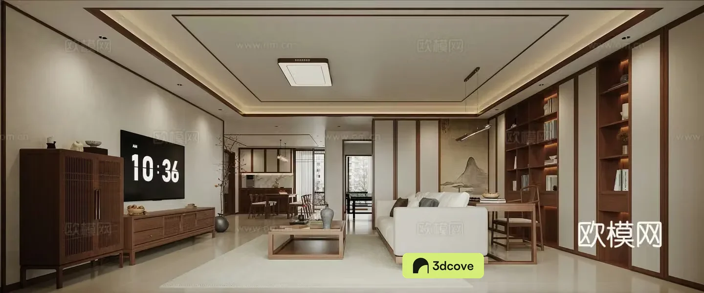 Panoramic view of Song’s aesthetic living and dining room living room dining room hanging painting chandeliers decorative cabinets