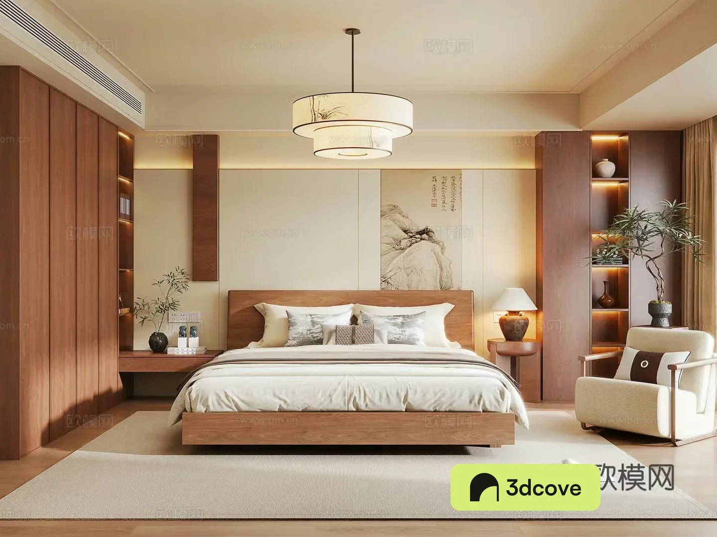 New Chinese style master bedroom New Chinese style double bed Wardrobe New Chinese style bedroom chandeliers Bedside background