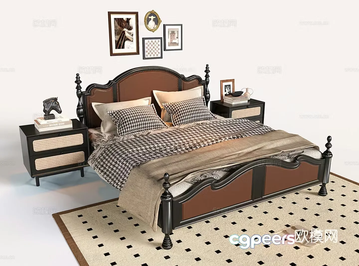 French double bed retro wooden double bed rattan nightstand 3D model