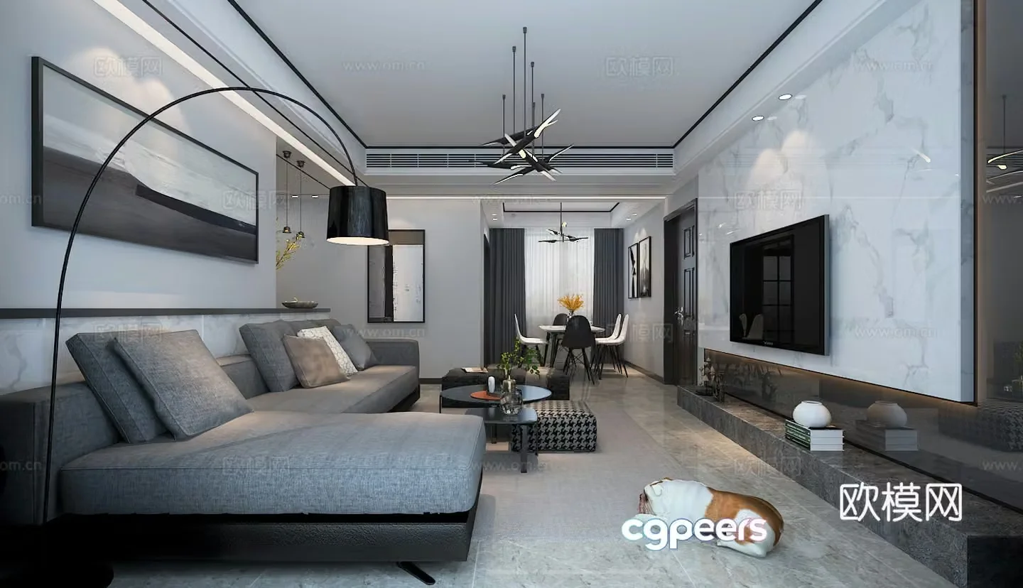 Modern home model download Sofa coffee table Dining table chair Living room Chandelier Hanging painting 3D model