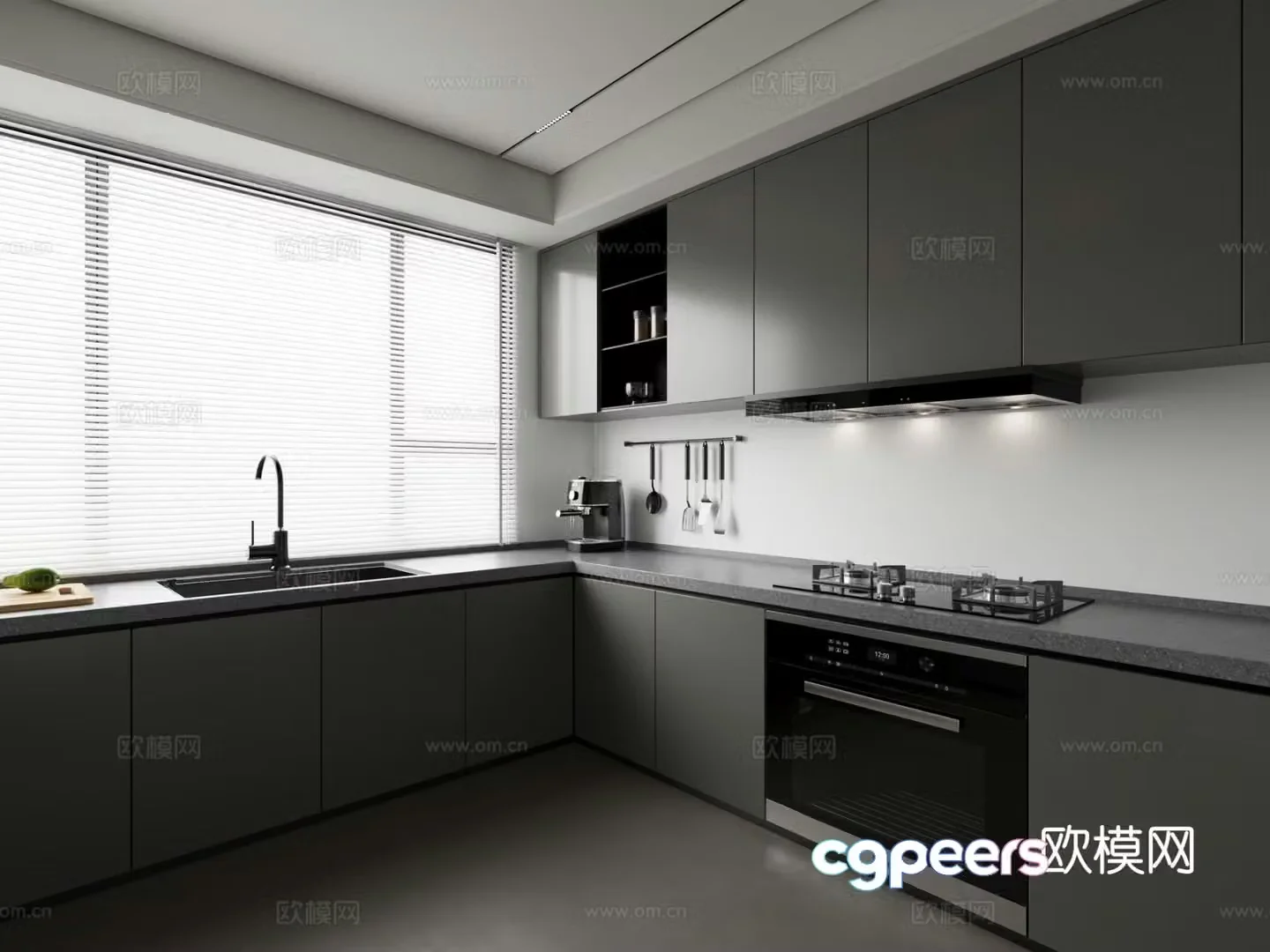 Modern minimalist black white and gray kitchen 3d model