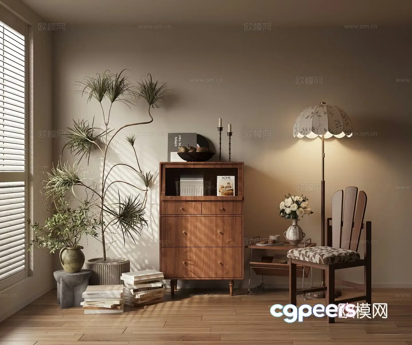 Low cabinet chest cabinet decorative cabinet floor lamp single chair ornament potted plant 3D model