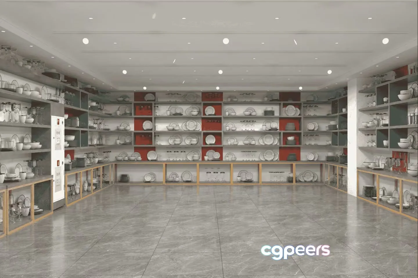 A Large Empty Room With Shelves Full Of Dishes 3D Model – 11081 – VRAY Render