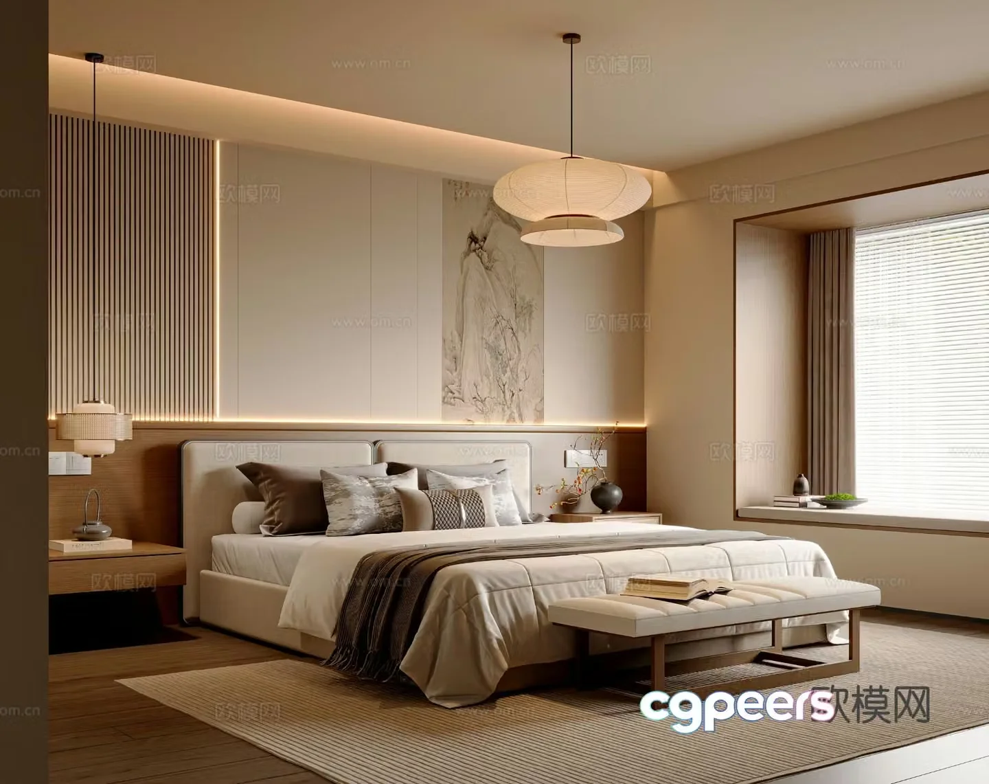 New Chinese style Song style bedroom master bedroom fabric double bed new Chinese style chandelier bed tail stool 3D model