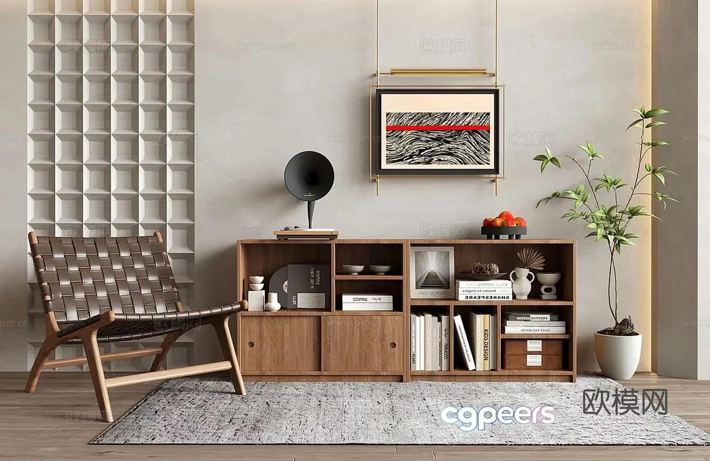 Middle-aged style leisure chair floor-standing shelf potted plant decorative painting 3D model