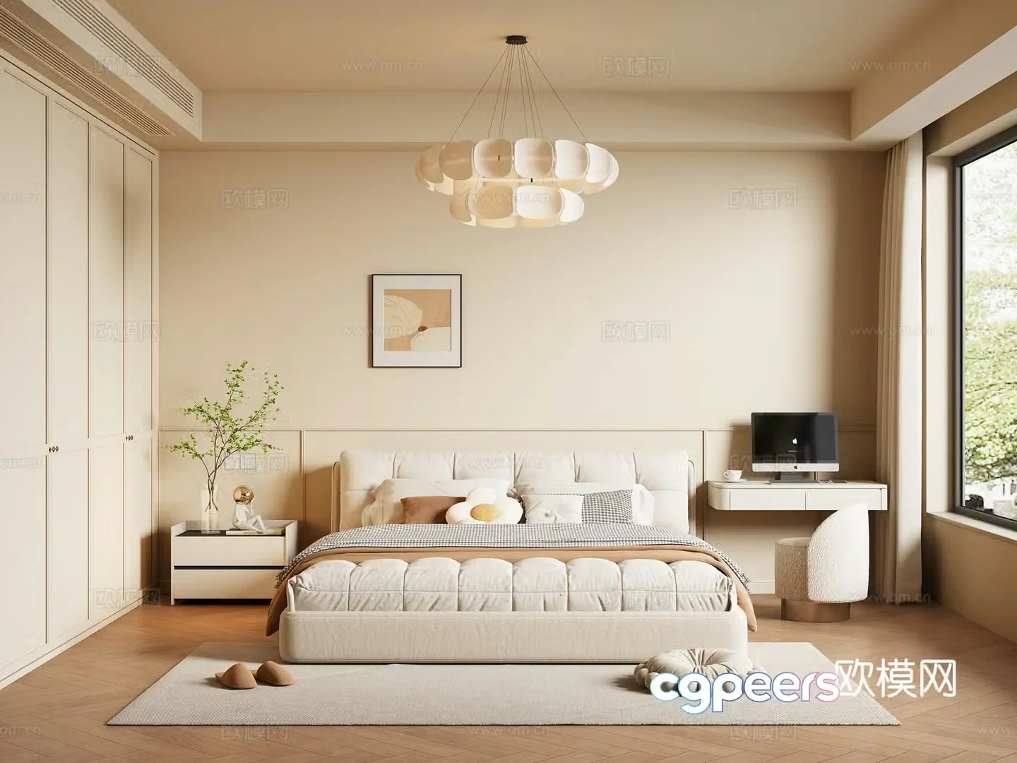 Modern creamy bedroom 3d model