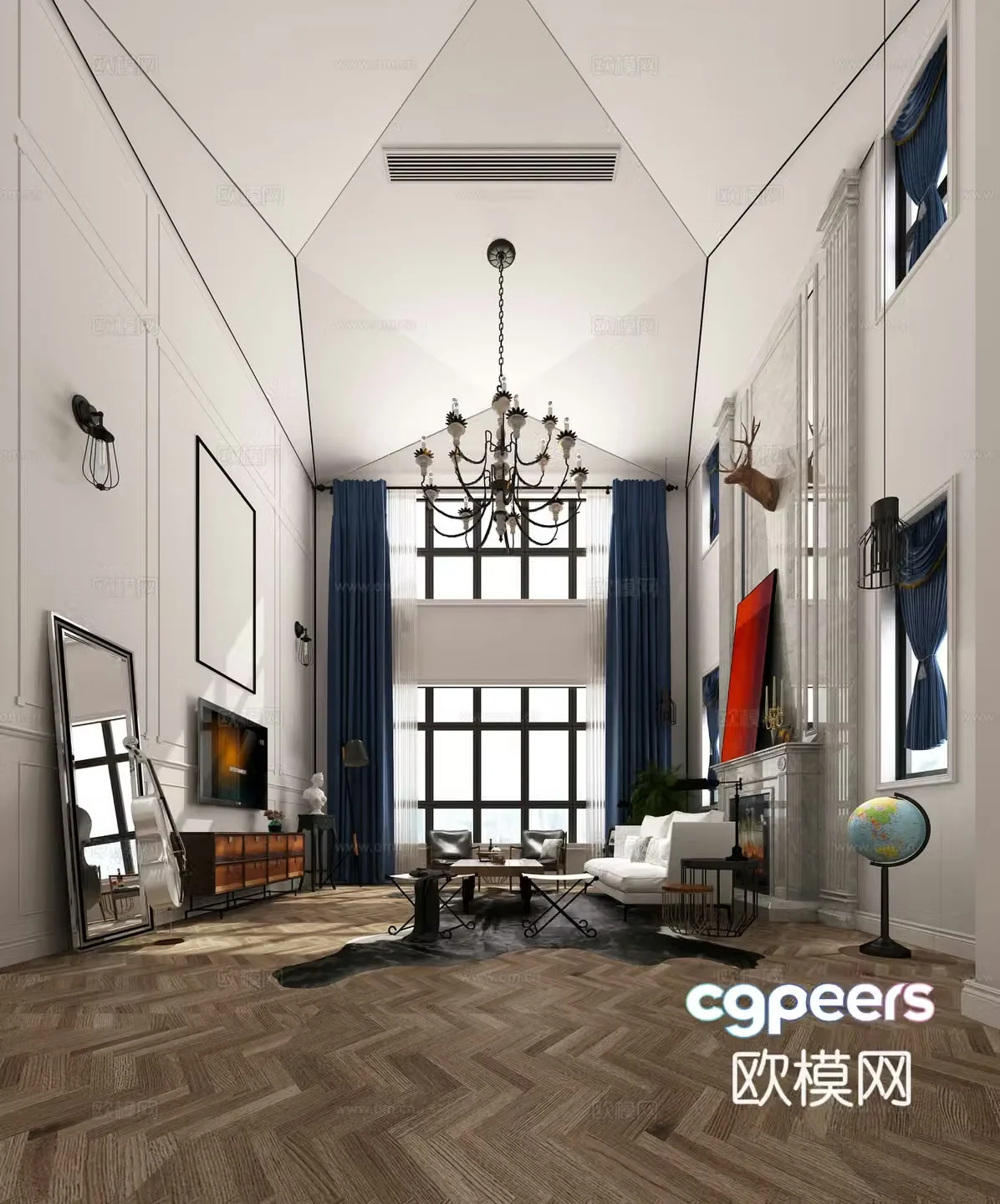 Simple European living room sofa and coffee table combination TV background wall wall decoration jewelry chandeliers wall 3d model