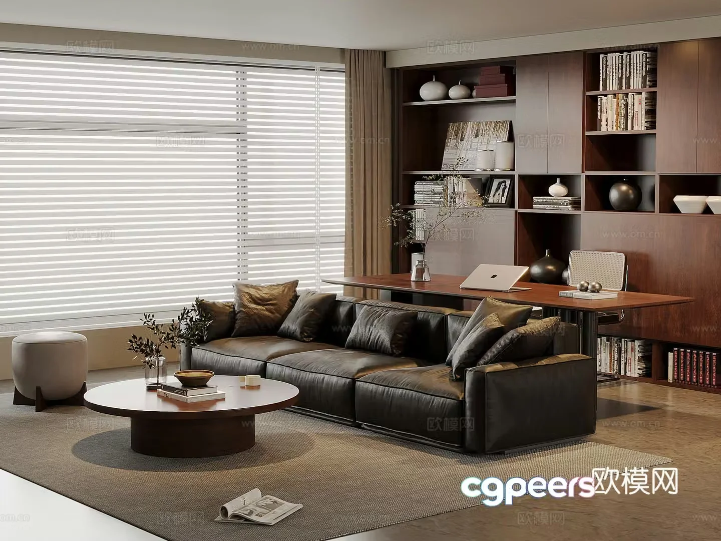 American medieval living room leather sofa and coffee table combination solid wood desk and chair solid wood bookcase 3D model
