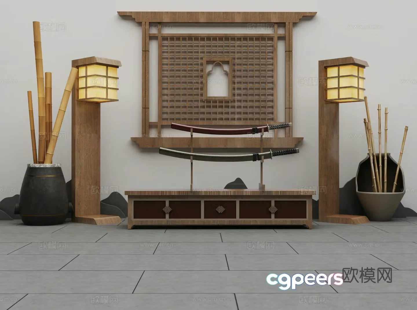 Japanese Zen ornaments knife bamboo lamp window 3D model