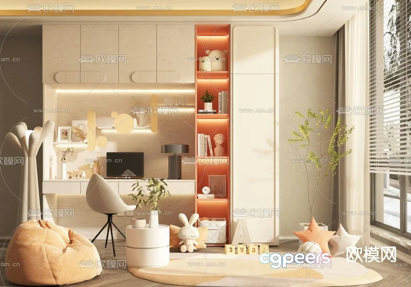 Integrated children’s desk chair bookcase 3d model
