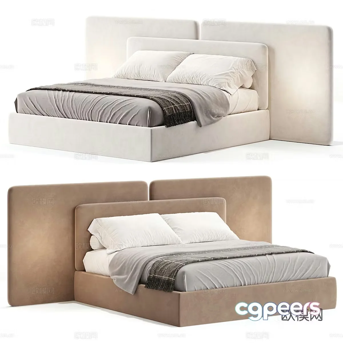 Modern cream style fabric double bed 3d model