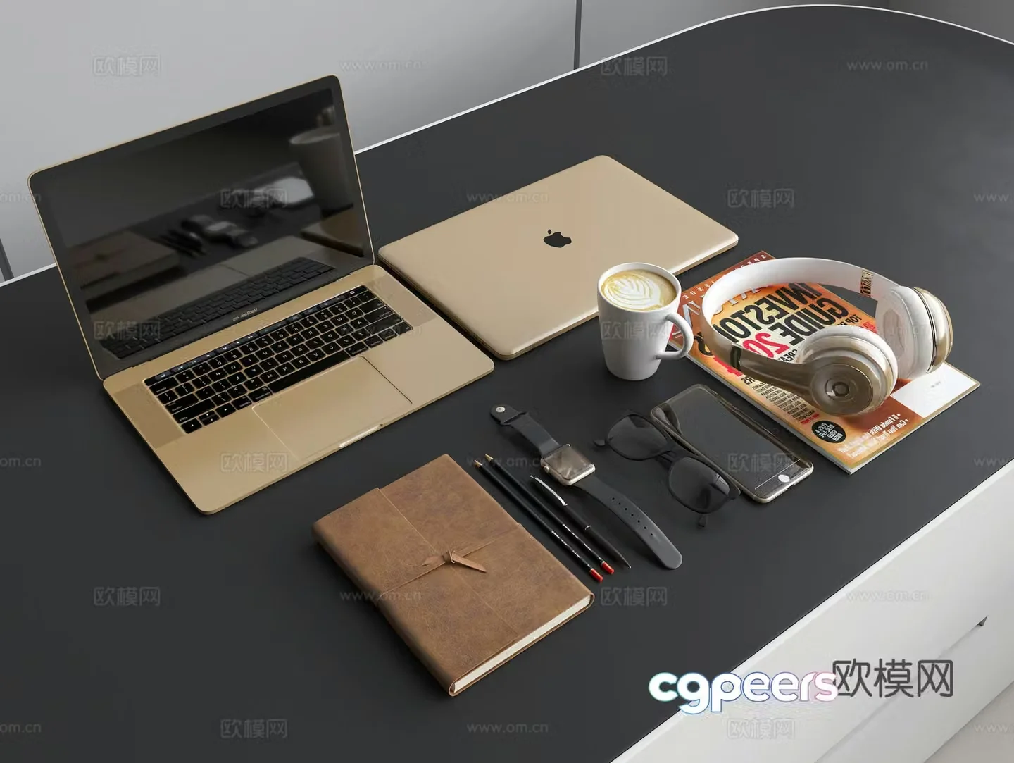 Laptop headphones mobile phone watch glasses notepad pen coffee cup 3d model
