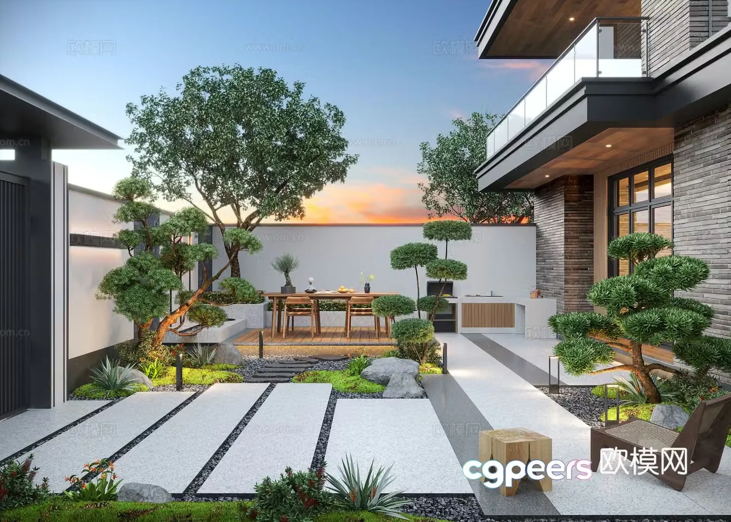 Modern courtyard landscape garden water view house 3D model