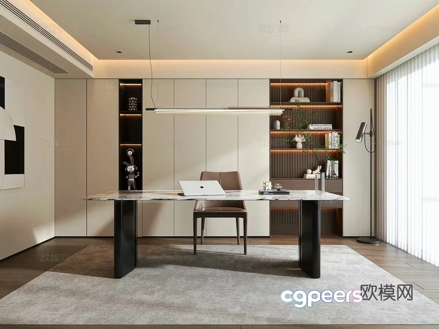 Modern minimalist study desk bookcase book ornament combination chair study chandelier floor 3D model