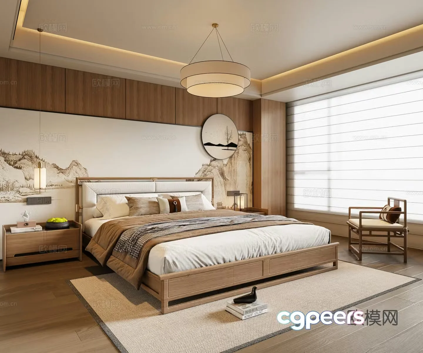 New Chinese style bedroom solid wood double bed bedside table chandeliers leisure chair hanging painting 3D model