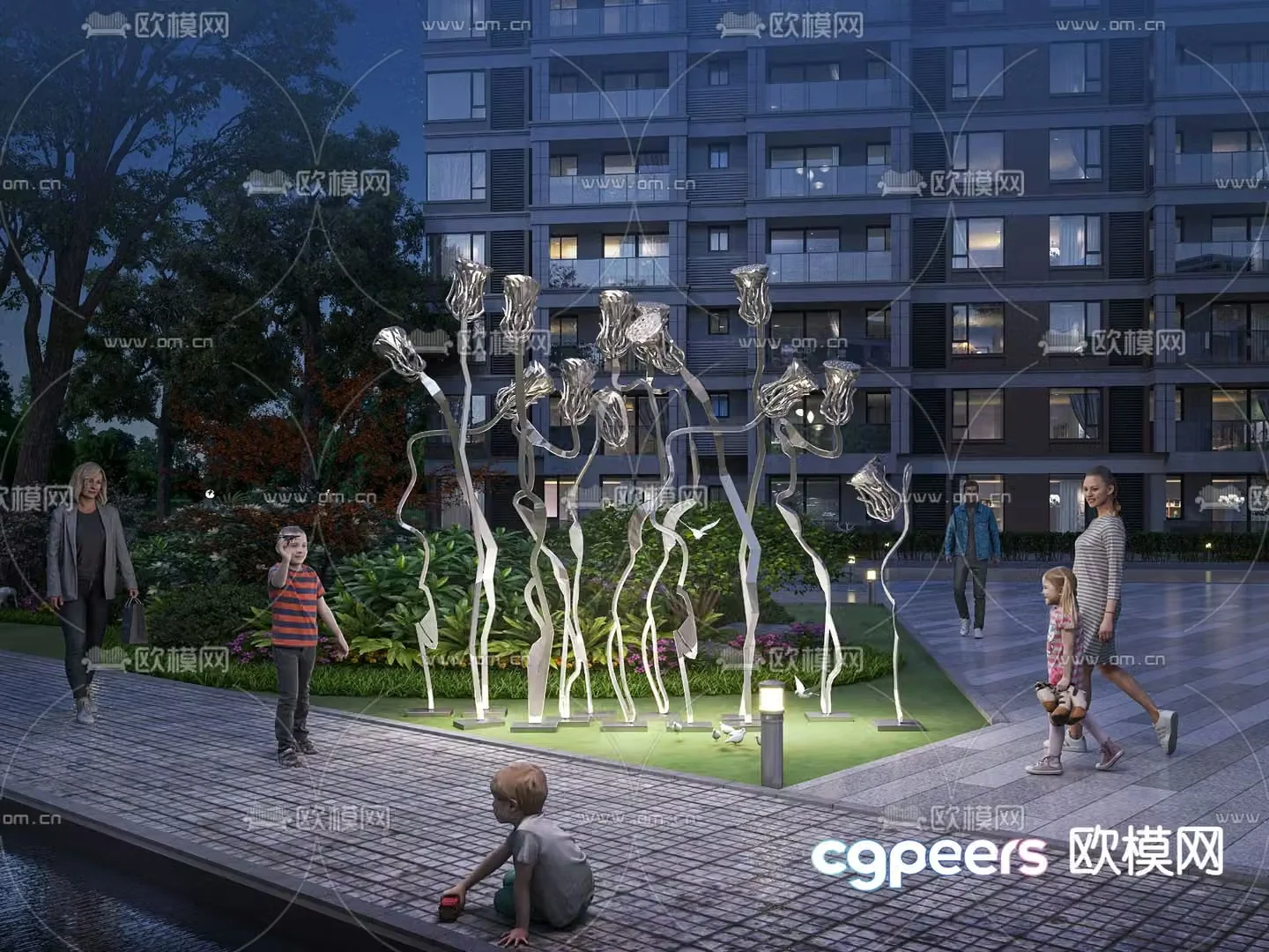 Community landscape plant pile sketch sculpture night scene 3D model