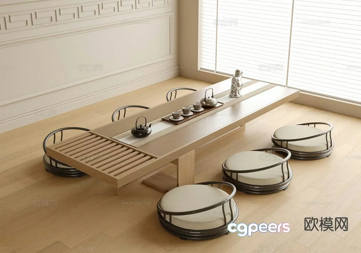 Modern tatami tea table and chairs 3d model