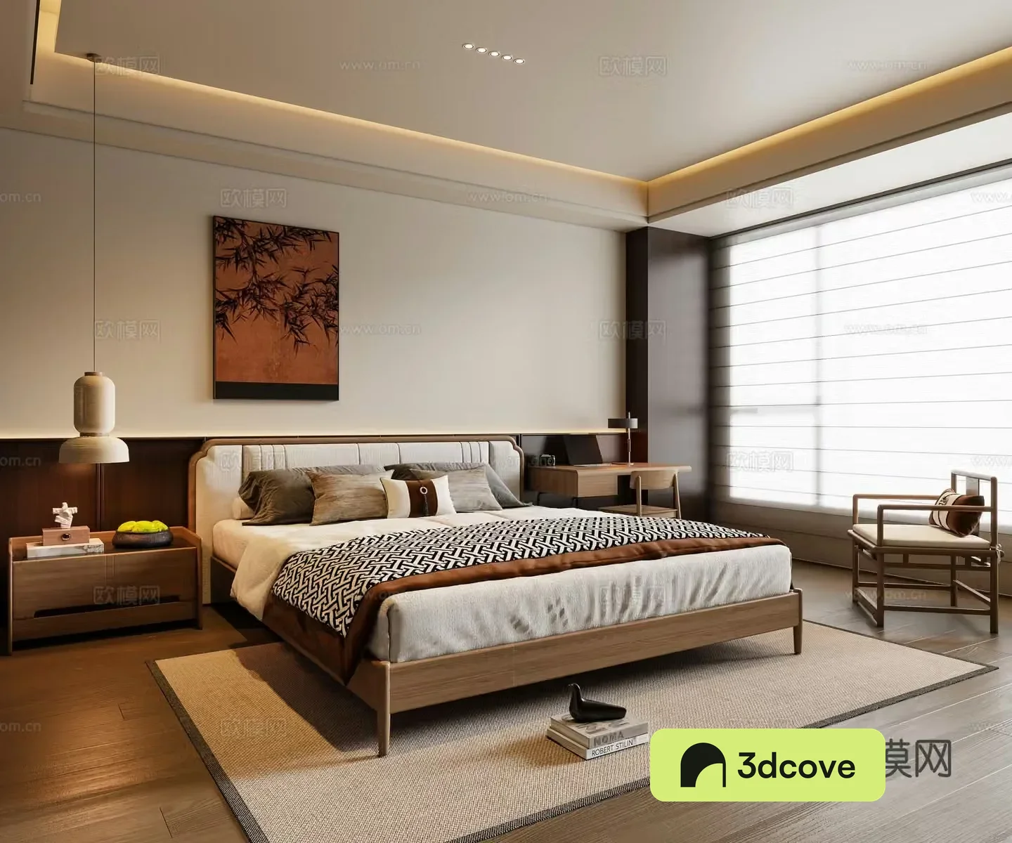 New Chinese style bedroom solid wood double bed bedside table chandeliers desks chairs paintings leisure chairs
