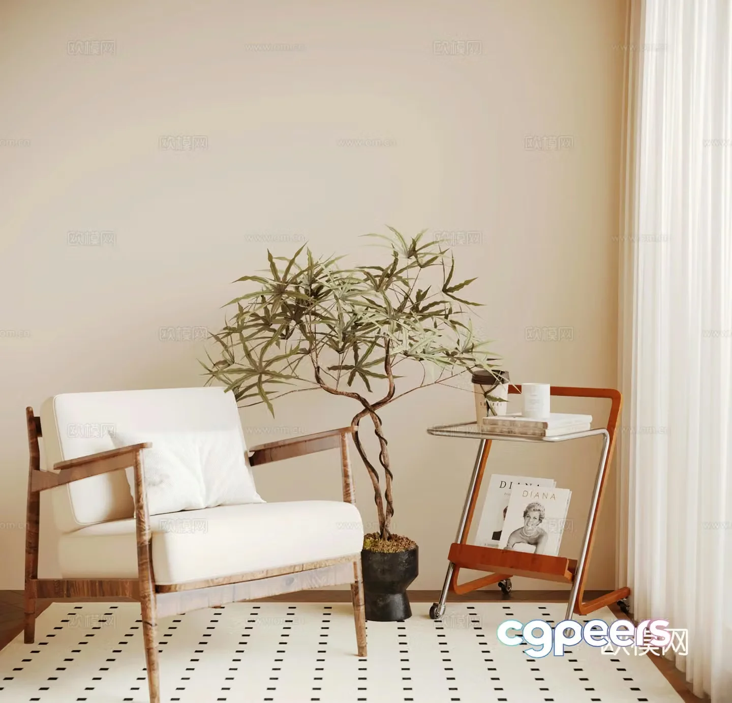 Jijifeng Middle-aged leisure chair Fabric leisure chair Single sofa Wooden sofa Side table 3D model