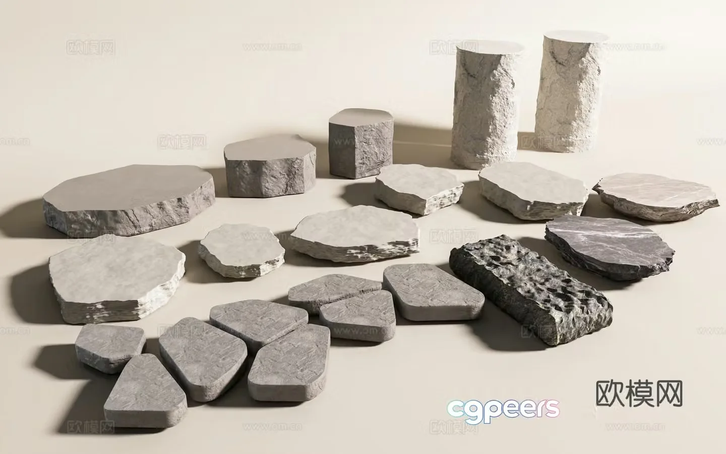 Stone road slab steps stone steps stone path stone steps stone strips stone blocks stone pillars 3D model