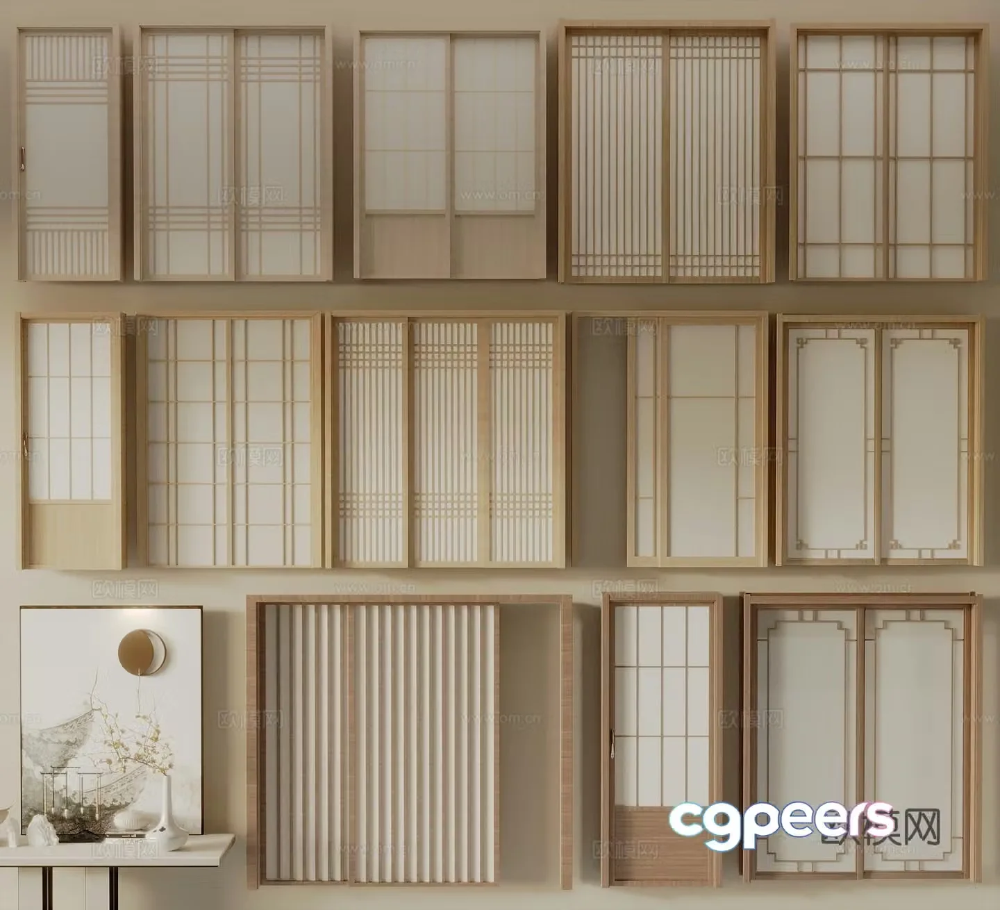Japanese sliding door folding door lattice door double door 3d model
