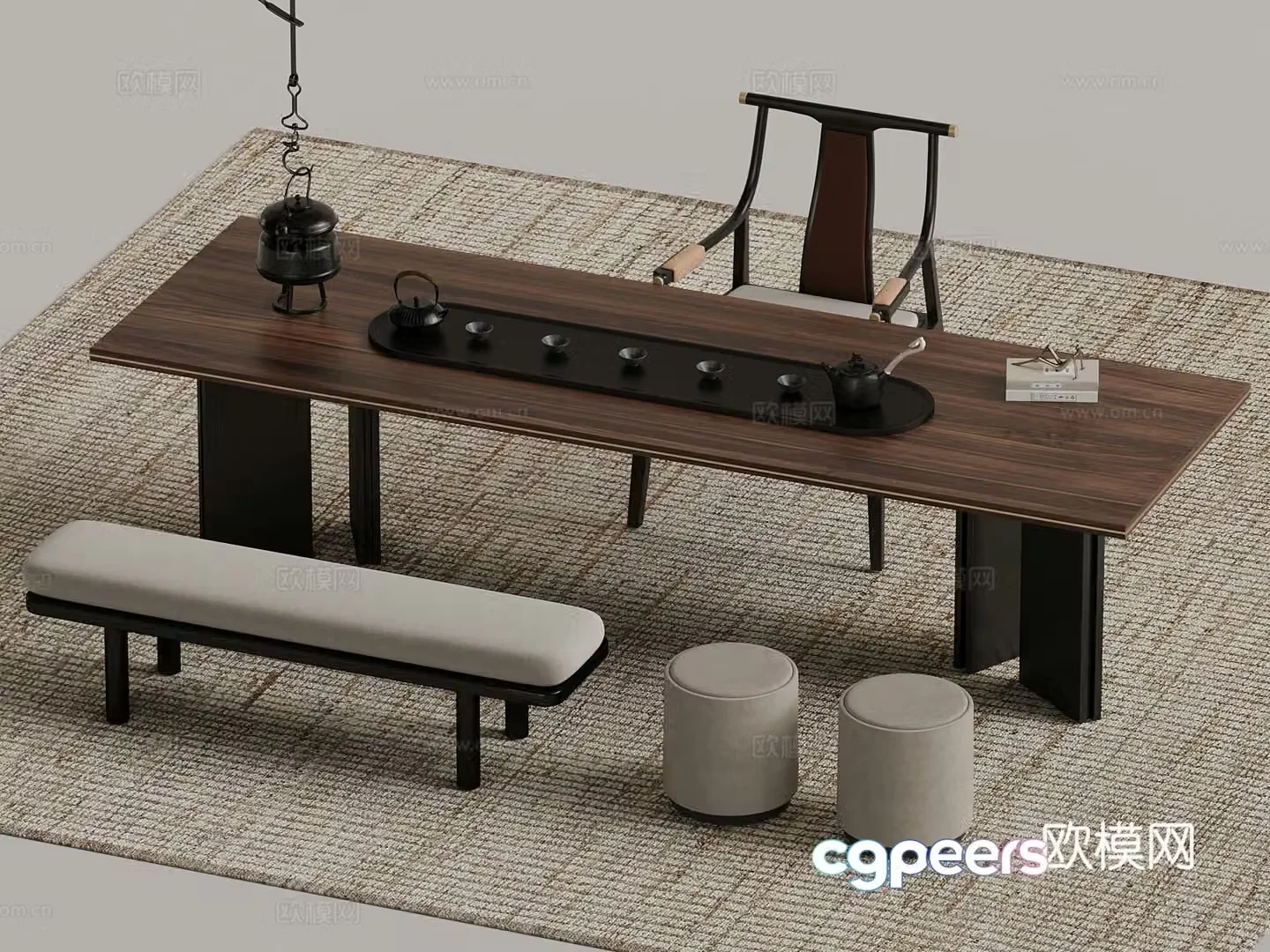 New Chinese-style tea table and chairs stools tea sets 3D model