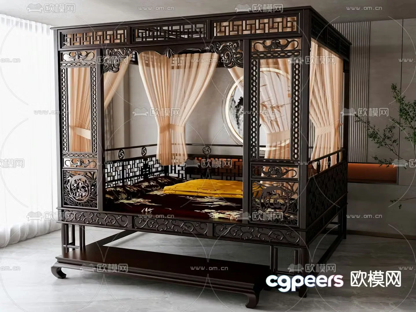 Chinese footrest double bed canopy bed 3d model