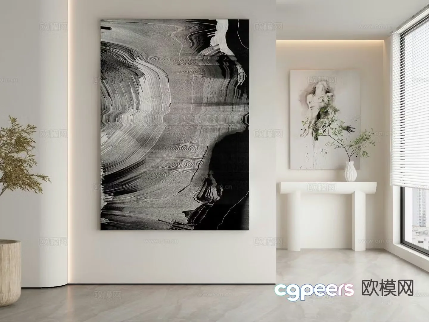 Black and white hanging painting abstract ripple painting 3d model