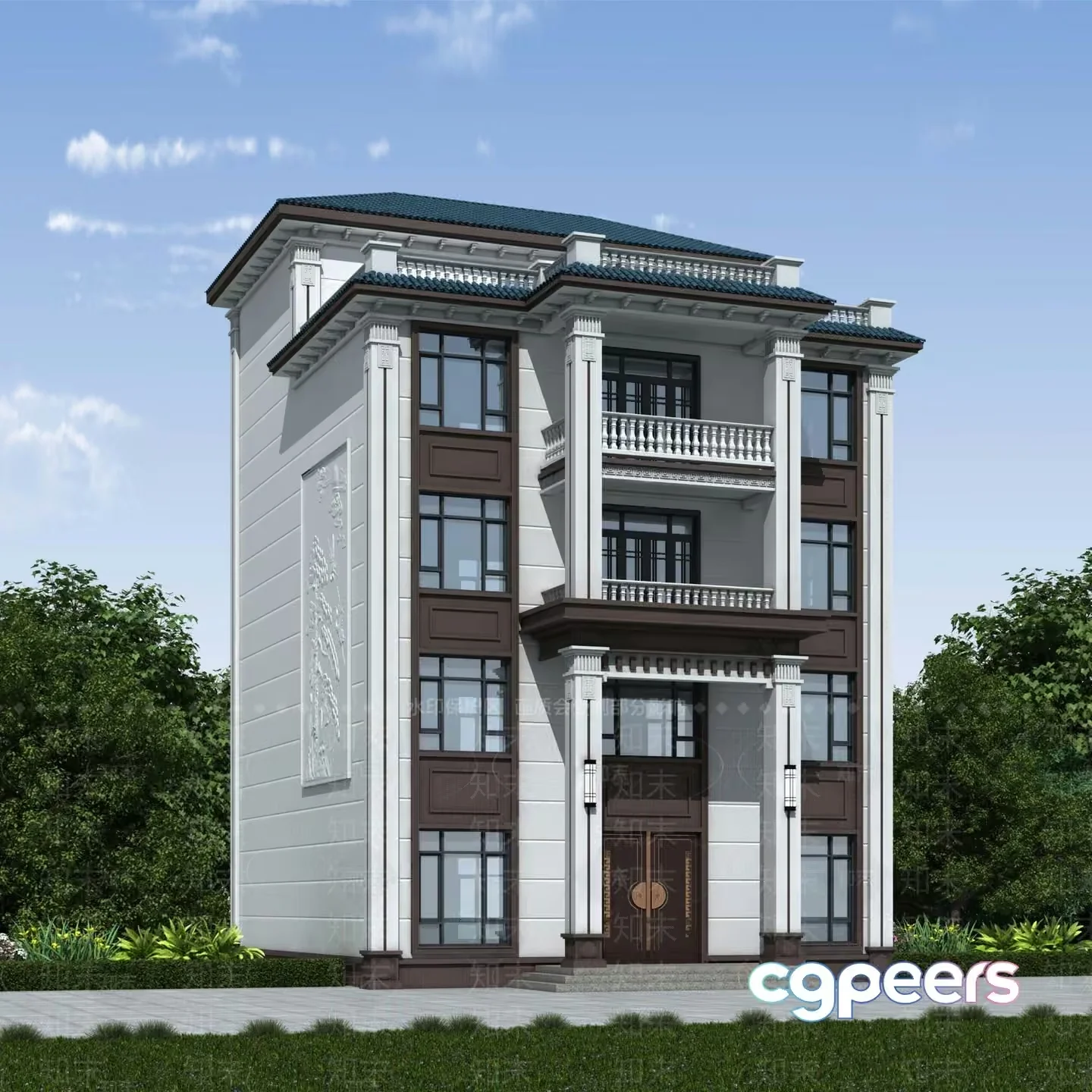 A White Building With A Green Roof 3D Model – 7026 – VRAY Render