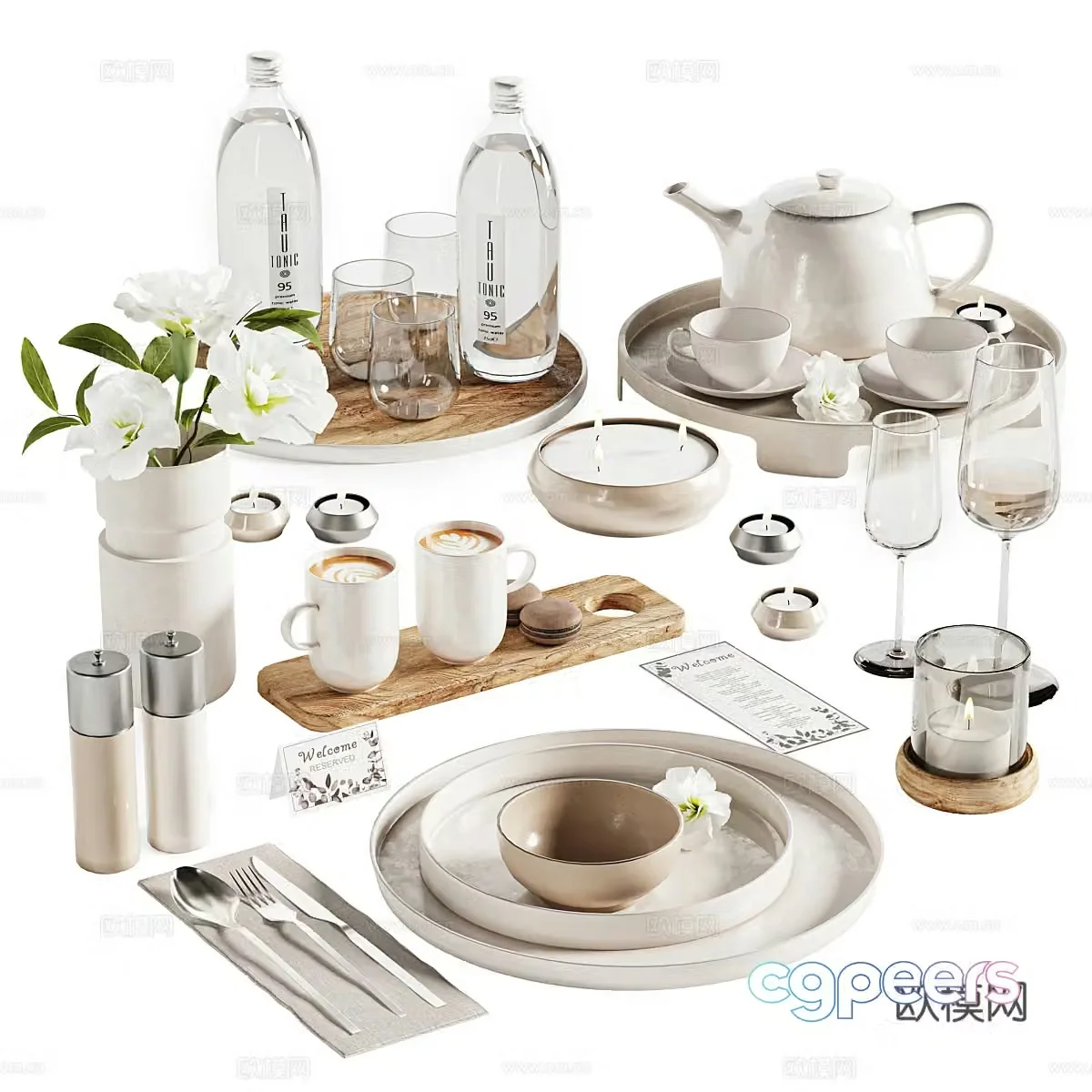 Creamy style tea set teapot tea tray tea cup 3d model
