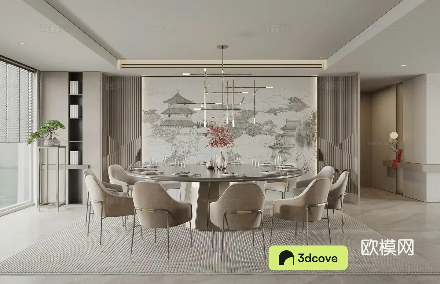 New Chinese restaurant private room background wall round dining table and chairs hotel private room
