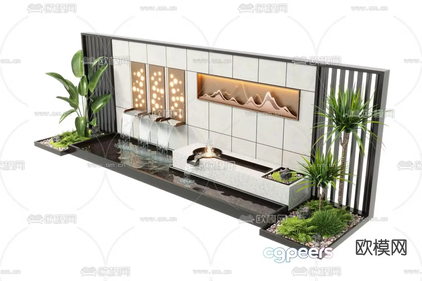Modern water feature wall fountain waterfall plunge pool sketch 3D model