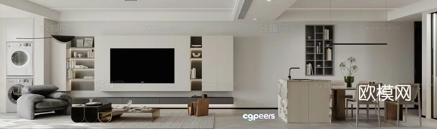 Modern minimalist living and dining room 3D model