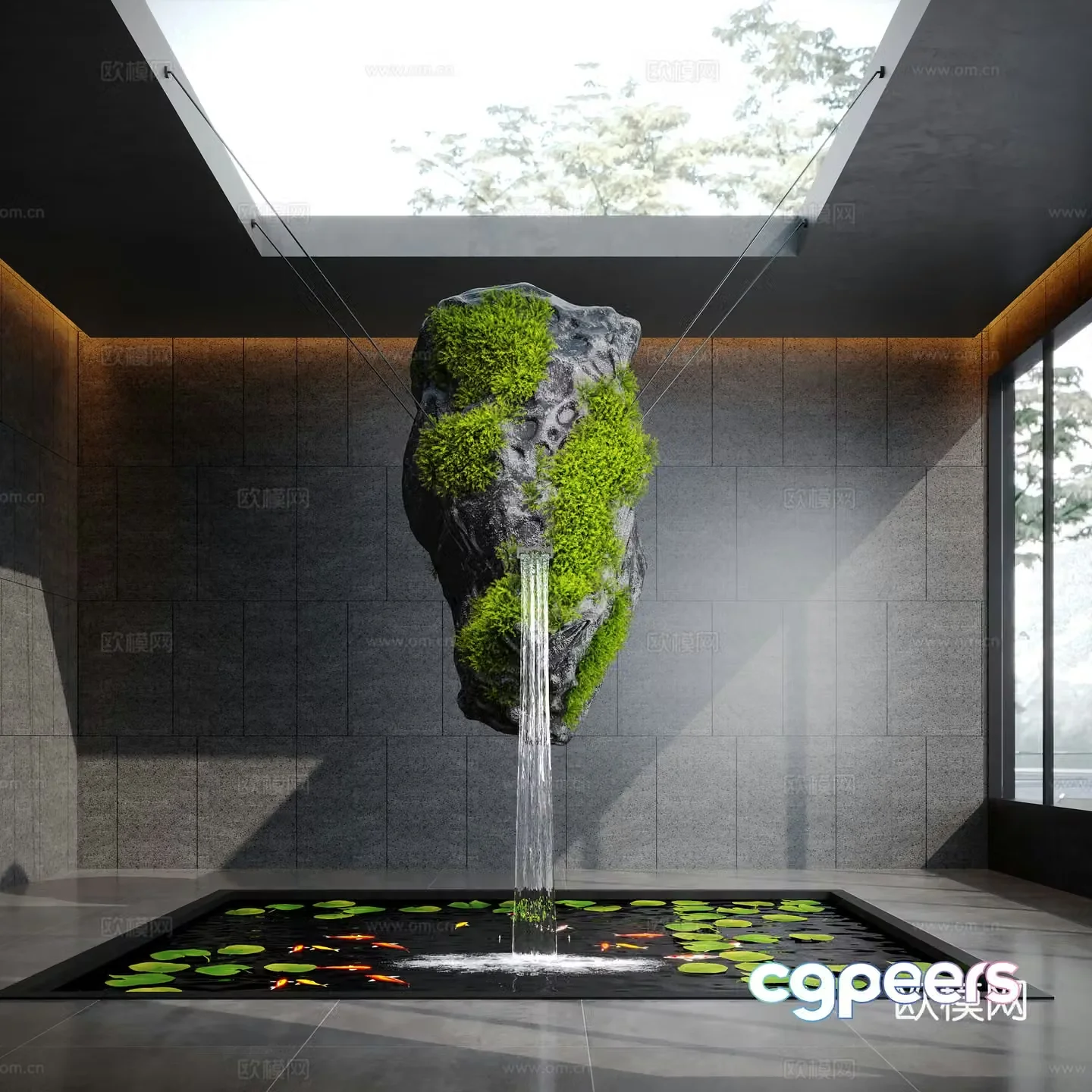 Modern water landscape indoor water landscape pumice stone moss indoor fish pond 3d model